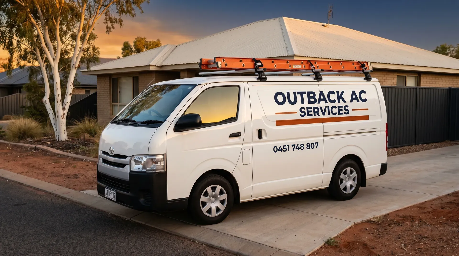 The Outback Airconditioning Services branded work van outside an Alice Springs home